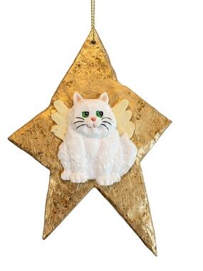Cat Angel Wings Christmas Ornament Pet Memorial White Cat on Gold Star Pet Loss